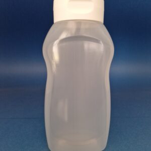 Bouteille à sauce 500ml PP naturel, 38/400, bouchon à charnière blanc inclus
